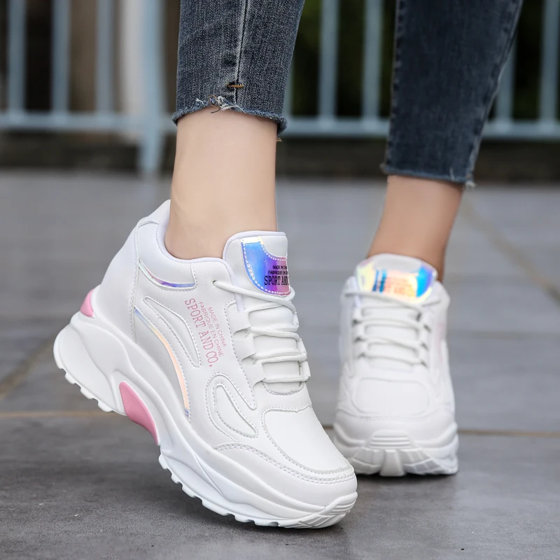 White Platform7cm Sneakers Woman Wedges Sneakers Sport Shoes Trend Leather Autumn Shoes Hidden Wedge Female Ladies Luxury 2022