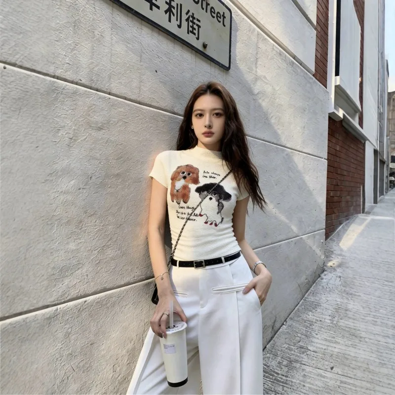 Miyake Pleated Original Short Sleeve Fashion Simple Cartoon Print Stand Collar Women's Summer Versatile Stretch Slim Fit Top