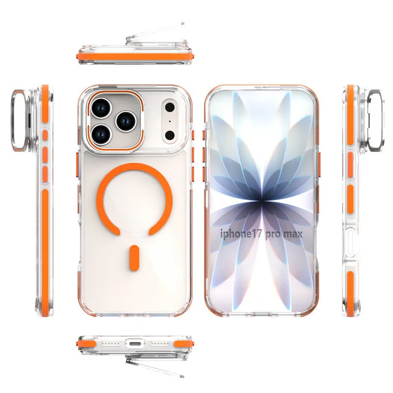 

Transparent Phone Case for iPhone Air 17 16 15 Plus 14 13 12 Pro Max with Back Lens Stand and Support Magnetic Charging