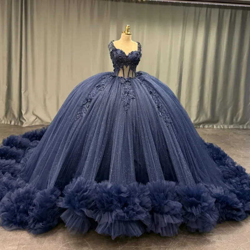 

Блестящее темно-синее платье Quinceanera с открытыми плечами, кружевное многослойное платье с цветочной наклейкой, длинный хвост, платья de 15, Quinceanera ﻿ Настроить