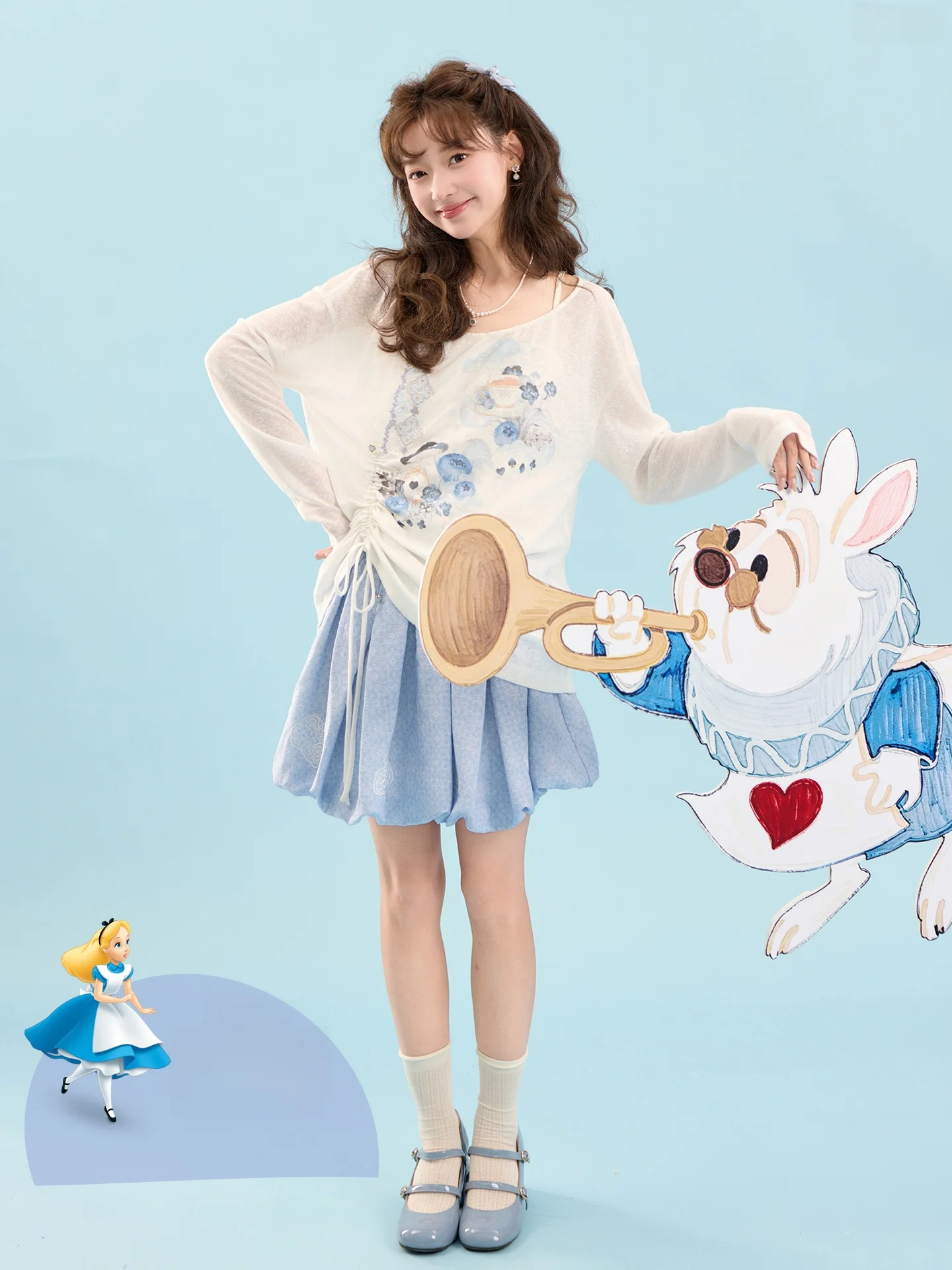 

Alice in Wonderland ternoon Tea Floral Print T-irt And ort Skirt Set Women's Traditional Chinese Sle Hanfu Outfit