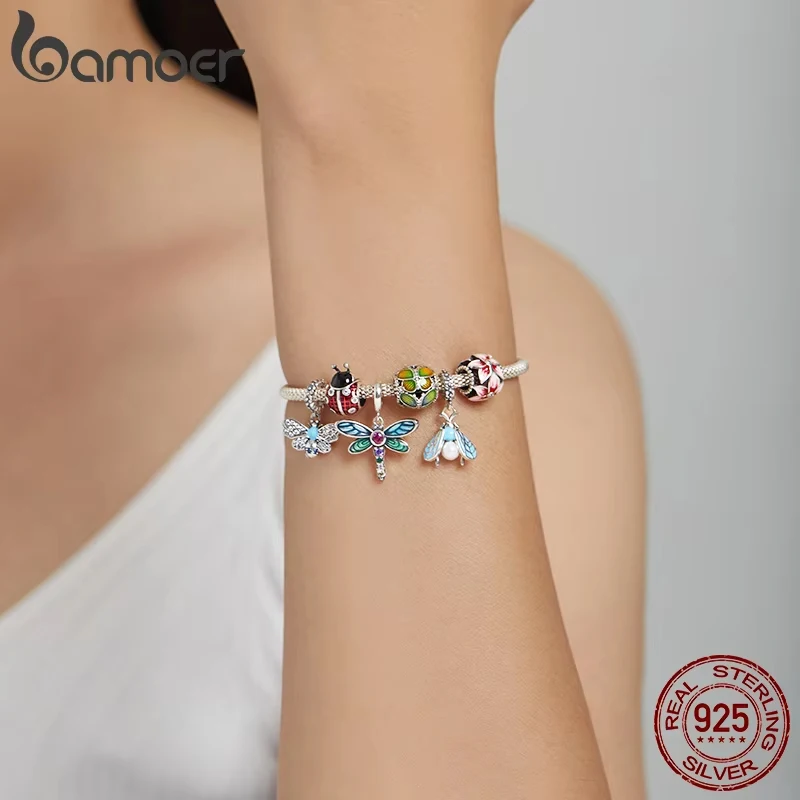 bamoer Ladybug Metal Beads for Women Jewelry Making 925 Sterling Silver Red Enamel Charm fit Original Bracelet DIY SCC1481