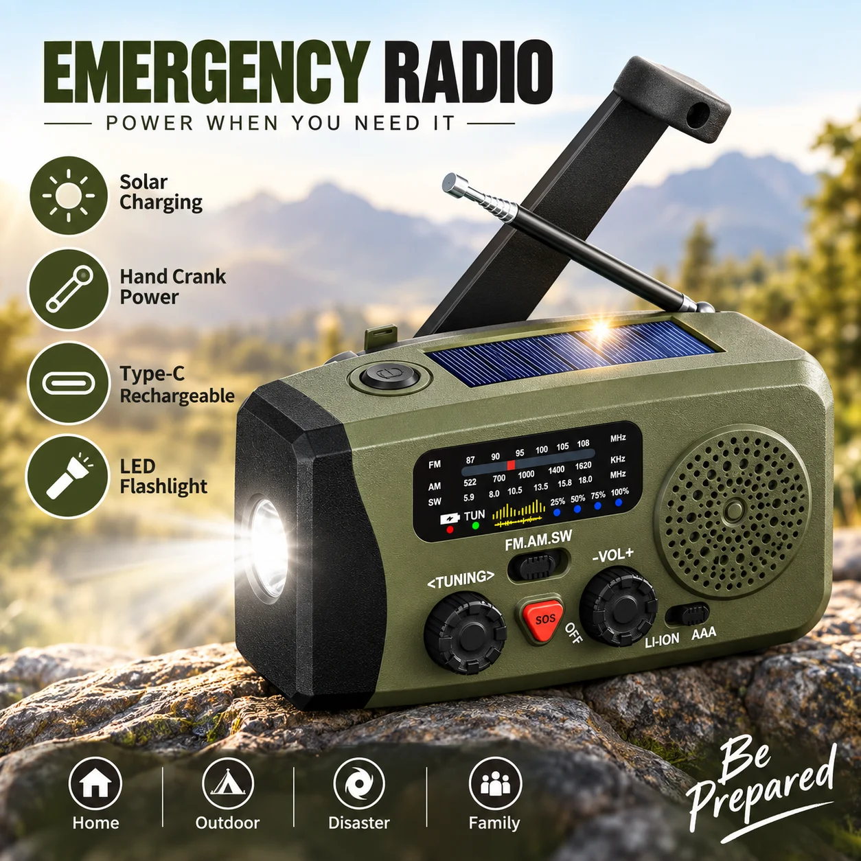 Portable Solar Hand Crank Emergency Radio FM AM SW Receiver LED Flashlight SOS 2000mAh Power Bank For Camping Hiking Outdoor