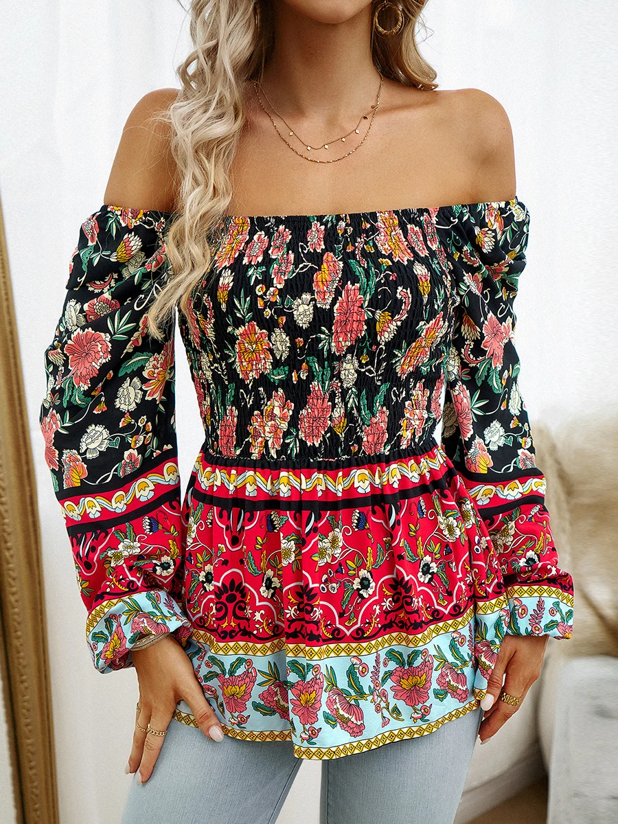 KHALEE YOSE Boho Floral Printed Blouse Shirt Off The Shoulder Vintage Chic Women Vocation Casual Holiday Ladies Dresses Vestidos