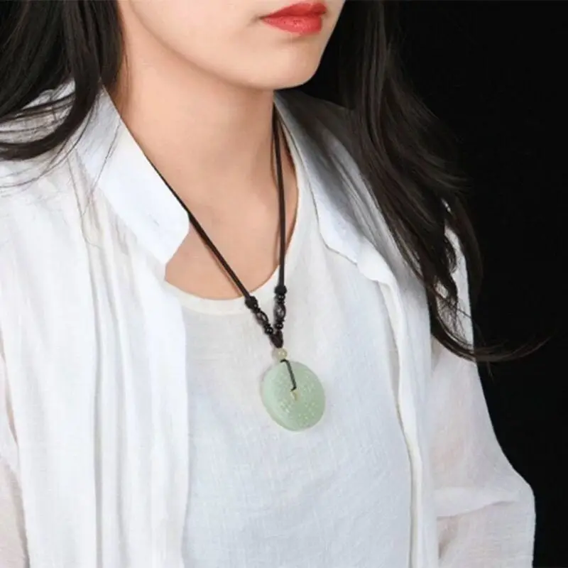 Natural Sapphire Round Brand Pendant, Auspicious Cloud Pattern Clear Water Green Jade Pendant Necklace for Men and Women
