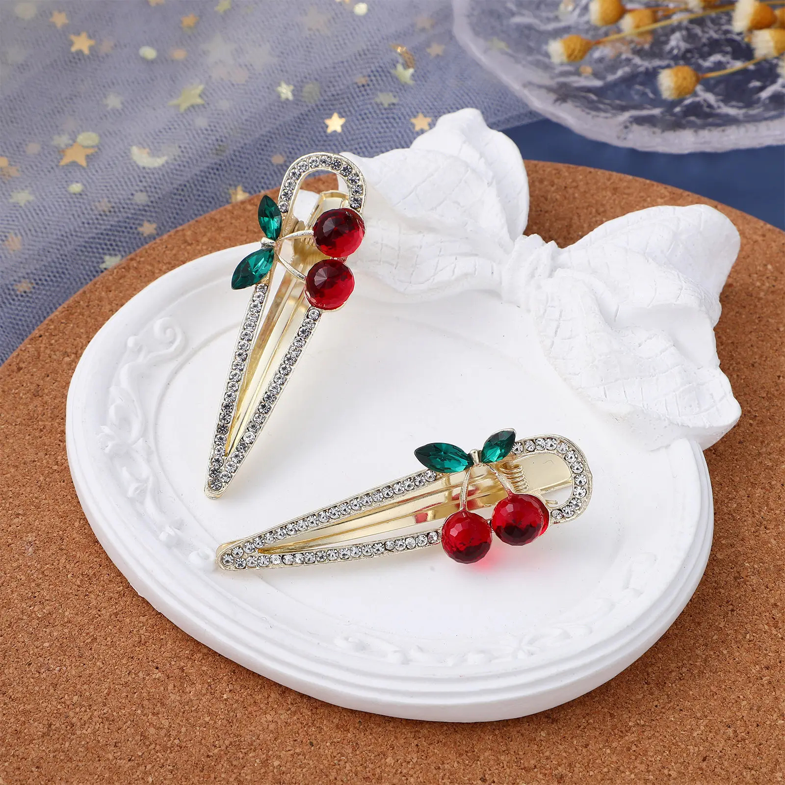 

2Pcs Cherry Hairpin Duckbill Hair Clip Rhinestone Fruit Style Lovely Barrette for Headdress Holiday Christmas Birthday