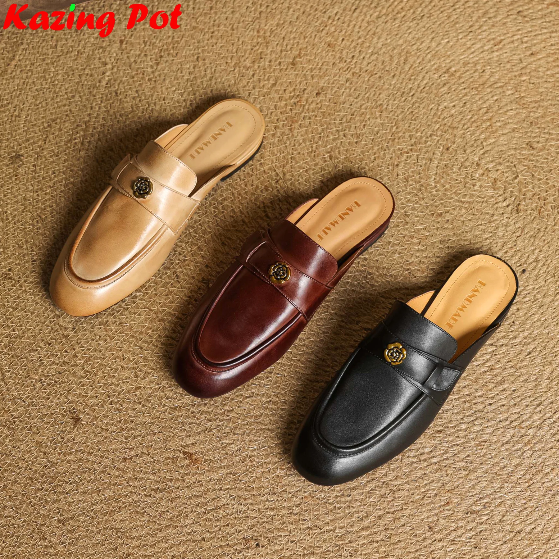 

Krazing Pot, модные роскошные шлепанцы из коровьей кожи на низком каблуке без шнуровки для свиданий, брендовые летние женские уличные тапочки в стиле ретро с открытой пяткой