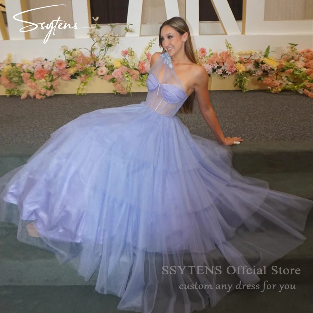 

SSYTENS Fairy Lilac One Shoulder Long Prom Dresses Tulle Formal Evening Dress Tiered Women Appliques Saudi Wedding Party Gowns