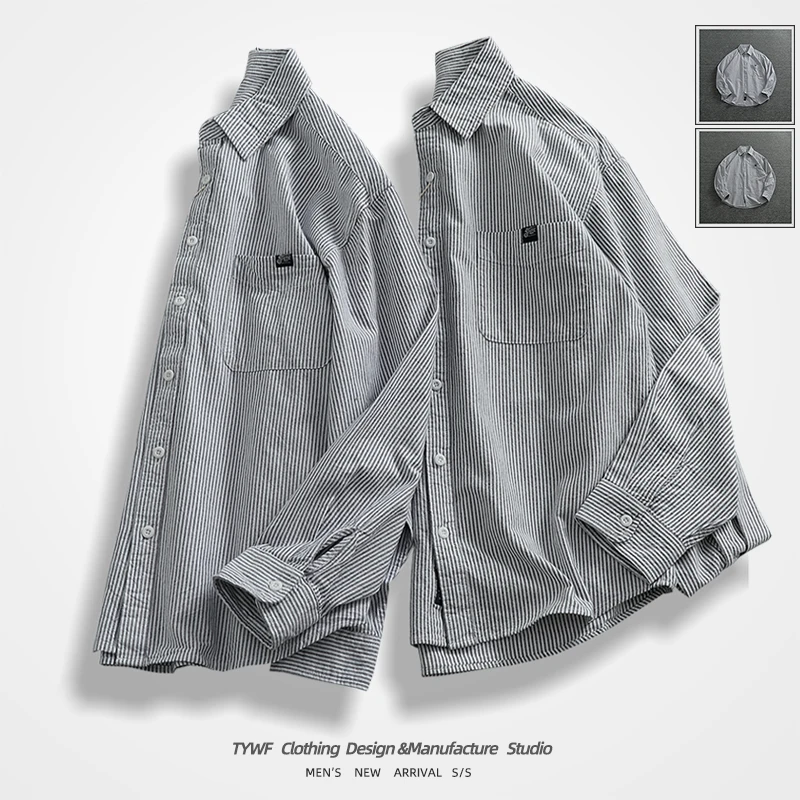 

Trendy Japanese Sle Men's Long Sve Striped irt Casual ket Design Loose Fit Urban Faion Autumn Wear Resistant