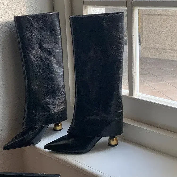 Plus Size Long Tube Boots Women's Fashion Boots Pure Color Sharp Head Outdoor Wear Autumn Winter New Style