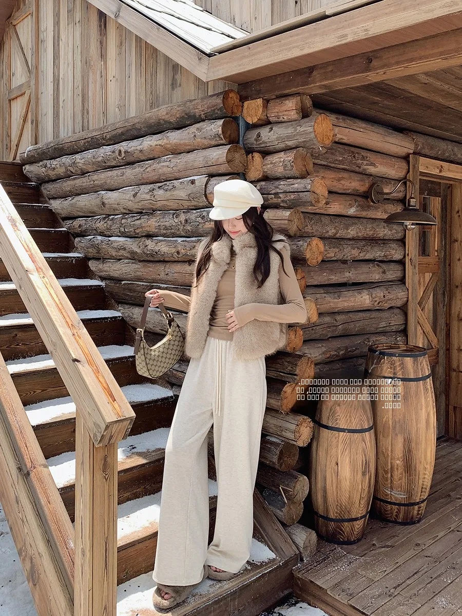 

Ms.Daoge Fce Lined Thi Wide Leg Pants Elastic Waist Casual Trousers Slimming Loose Fit Autumn Winter Knitted Comfortable