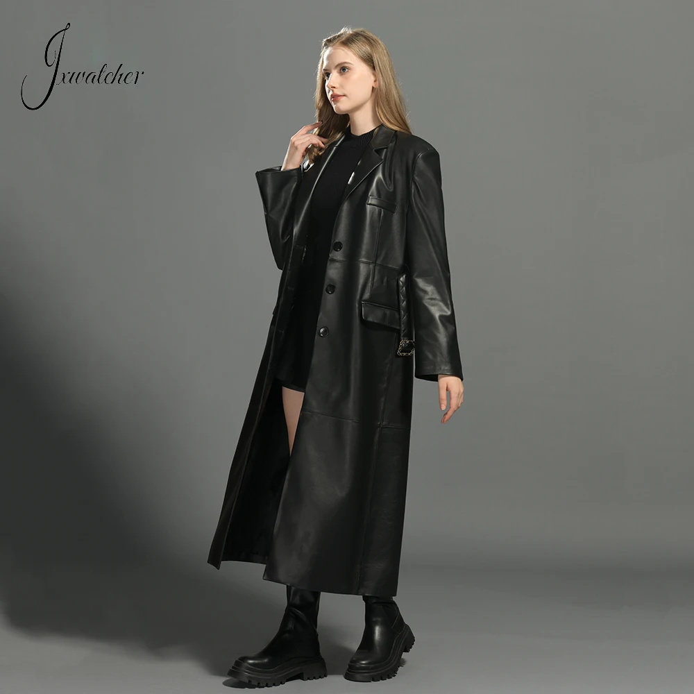 Jxwatcher-abrigo largo de cuero auténtico para mujer, chaqueta de piel de oveja con cinturón, color negro, clásico, novedad de otoño