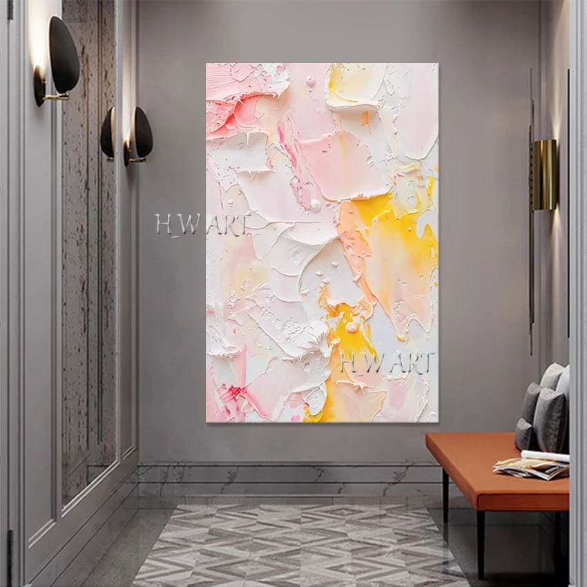 Palette Knife Canvas Art, Abstract Picture, High Quality Oil Paintings, White Pink Acrylic Design Artwork, Frameless, Wall Decor