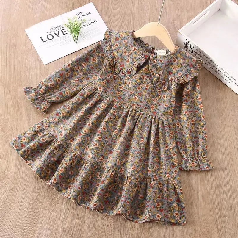 Kids Girls Floral Printed Dress 2024 New Arrival Children Casual Dresses Spring Autumn Thin Clothing Baby Girls Daily Dress