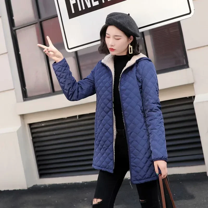 2024Autumn/Winter New Hooded Warm Lamb Fleece Long Sleeve Cotton Jacket Cotton Jacket Size Up Coat Women\'s Medium Long Checkered