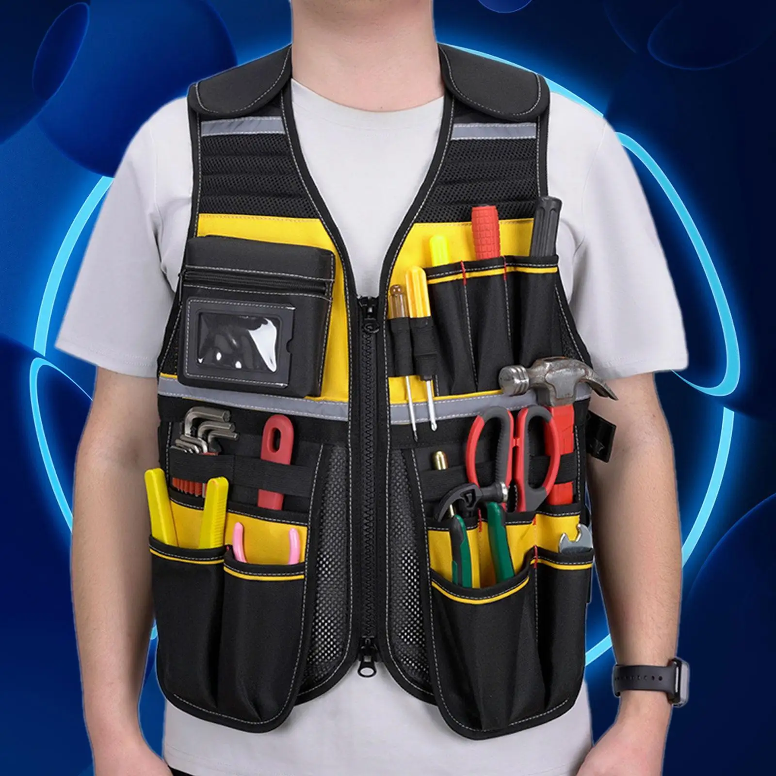 

Safety Tool Vest with Reflective Strip Adjustable with Double Zipper Oxford Fabric for Construction Versatile Lightweight