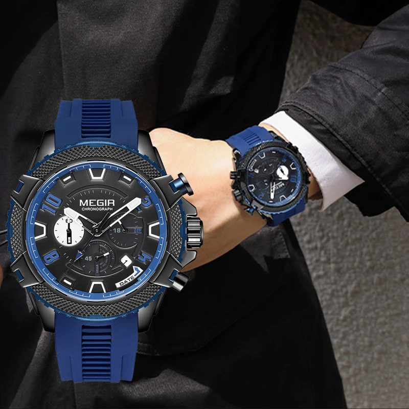 MEGIR Fashion Mens Watches Calendar Chronograph Waterproof Wristwatch Black Silicone Strap Sport Quartz Watch