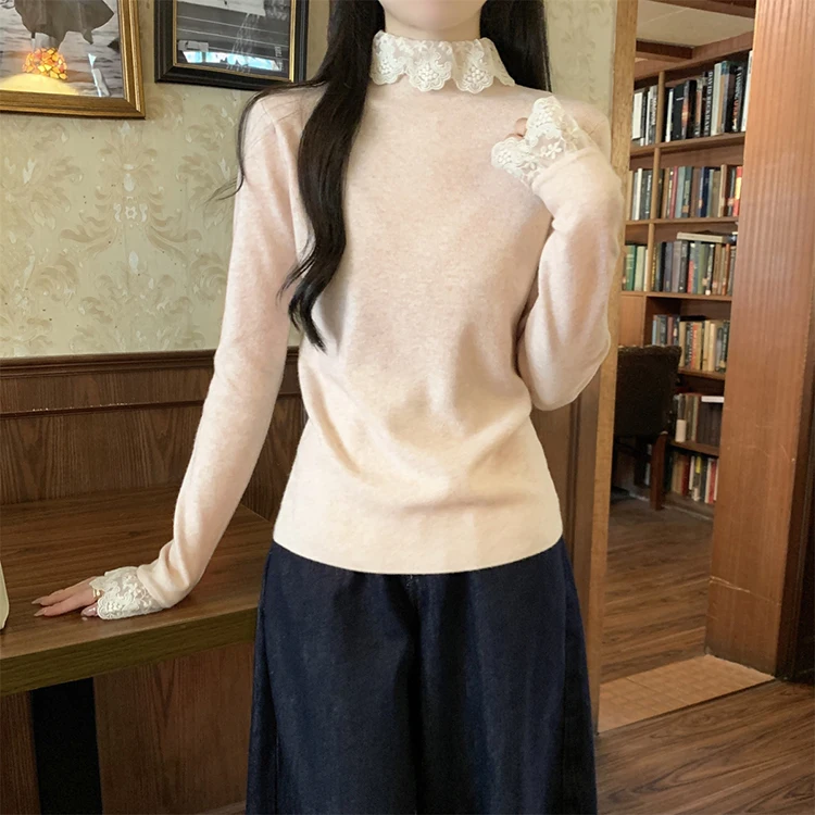 Langarm Spitze Verstärktes Strick Pullover Frauen Pullover Neue Mock Neck Stricken Pullover Pullover Frauen Tops Sueters De Mujer Q180