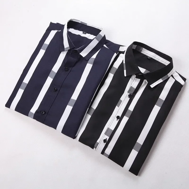 Fashion Men Long Sleeve Stripe Shirts Spring Autumn New Korean Clothing Streetwear Lapel Male Business Casual Cotton Social Tops