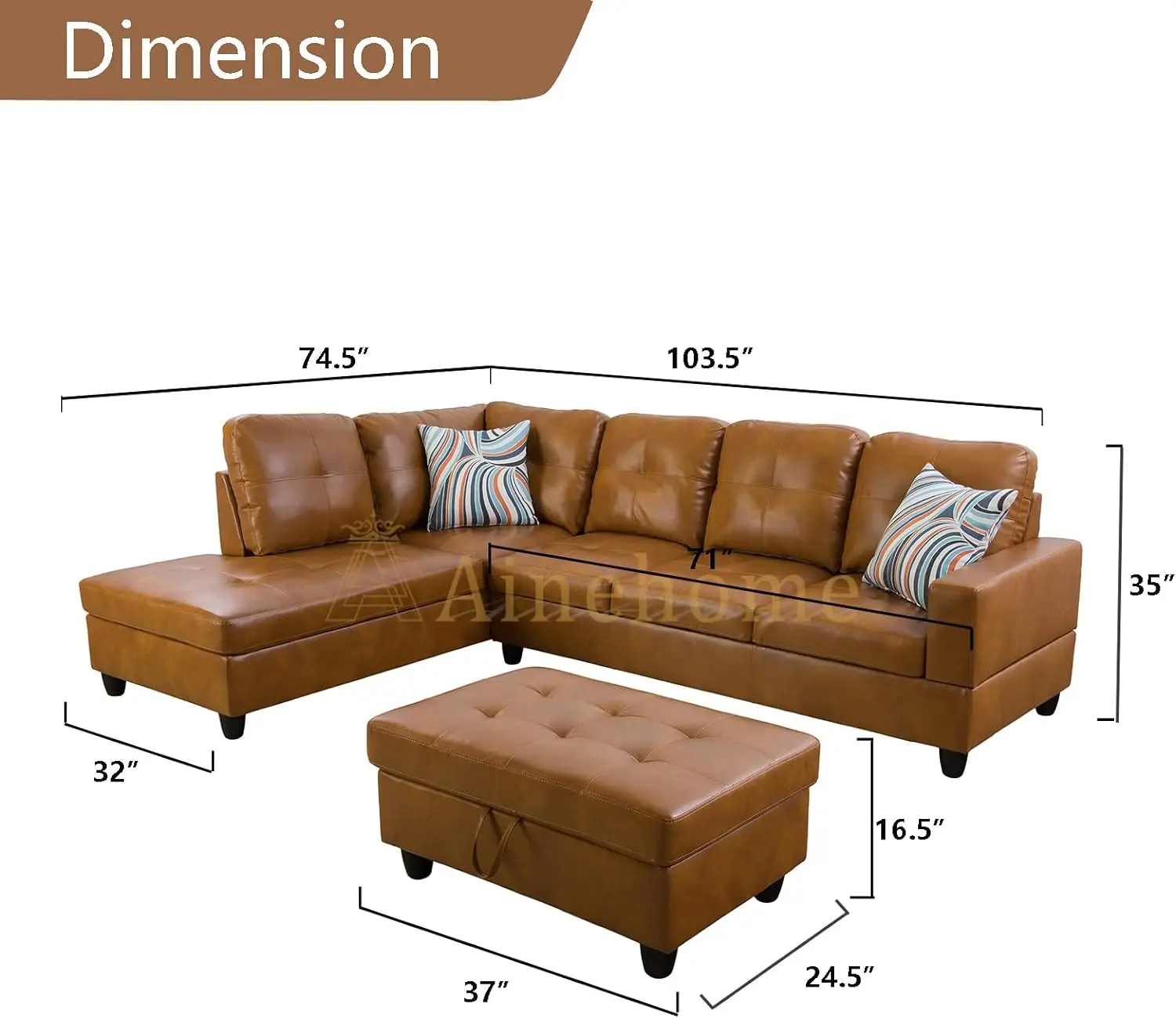 Sectional Sofa Faux Leather Modern L Shaped Couch Set 103.5”Wide Including Chaise and 3 Seating Sofa with Storage Ottoman