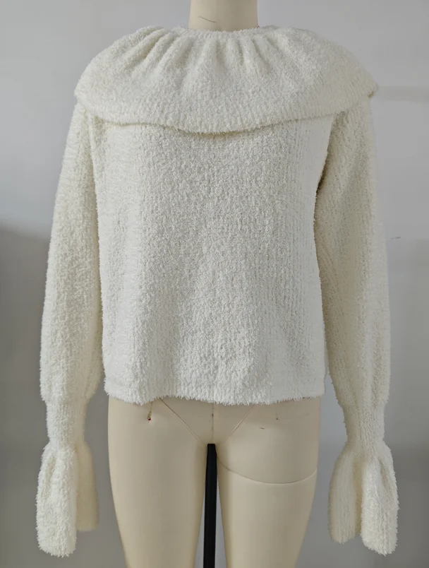 

Yaminiya 2025 Fashionable Autumn and Winter Women's Fleece Doll Collar Solid Color Warm Knit Sweater Trumpet Sleeve Leisure Top