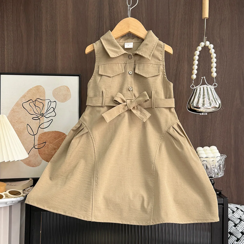 

Korean Version Girls Sleeveless Turn-down Collar Button Decoration A-Line Dress with Belt 2-7 Years Children Casual Clothing