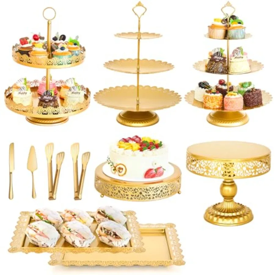 

11 Pcs Gold Cake Stand Set for Wedding Dessert Table Display Set for Birthday Metal Square Serving Trays for Candy Cupcake Pop