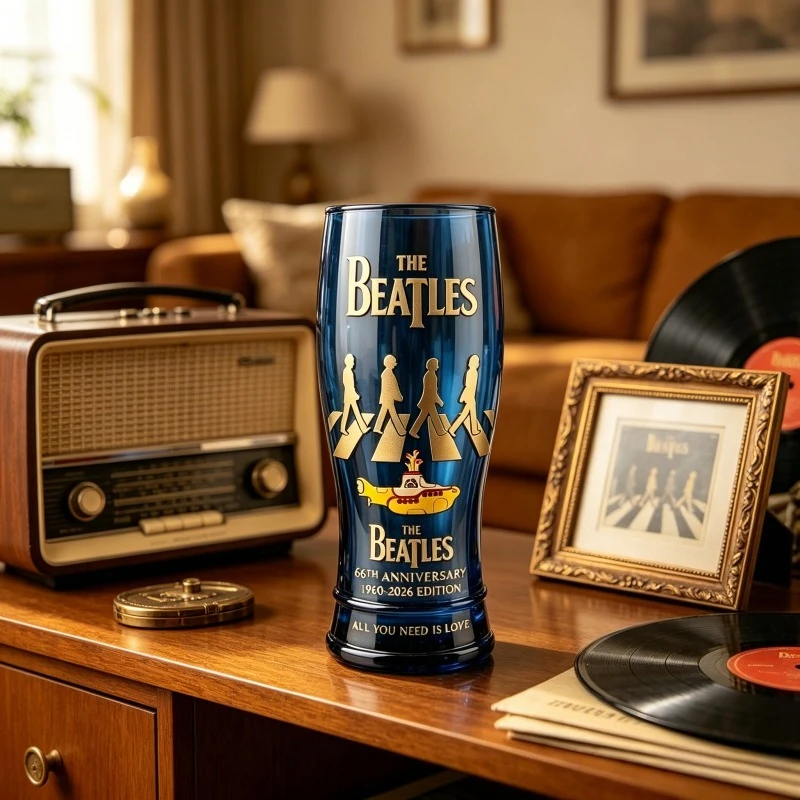 The Beatles Rock Band Themed Glass Cup, Tall Beer Tumbler with Yellow Submarine Print, Collection Decorations