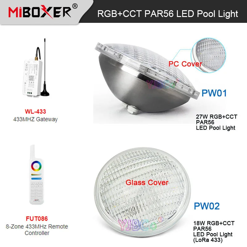 miboxer impermeavel led pool light lampada subaquatica controle remoto 8 zona ip68 rgb mais cct pw01 27w pw02 18w 433mhz gateway 01