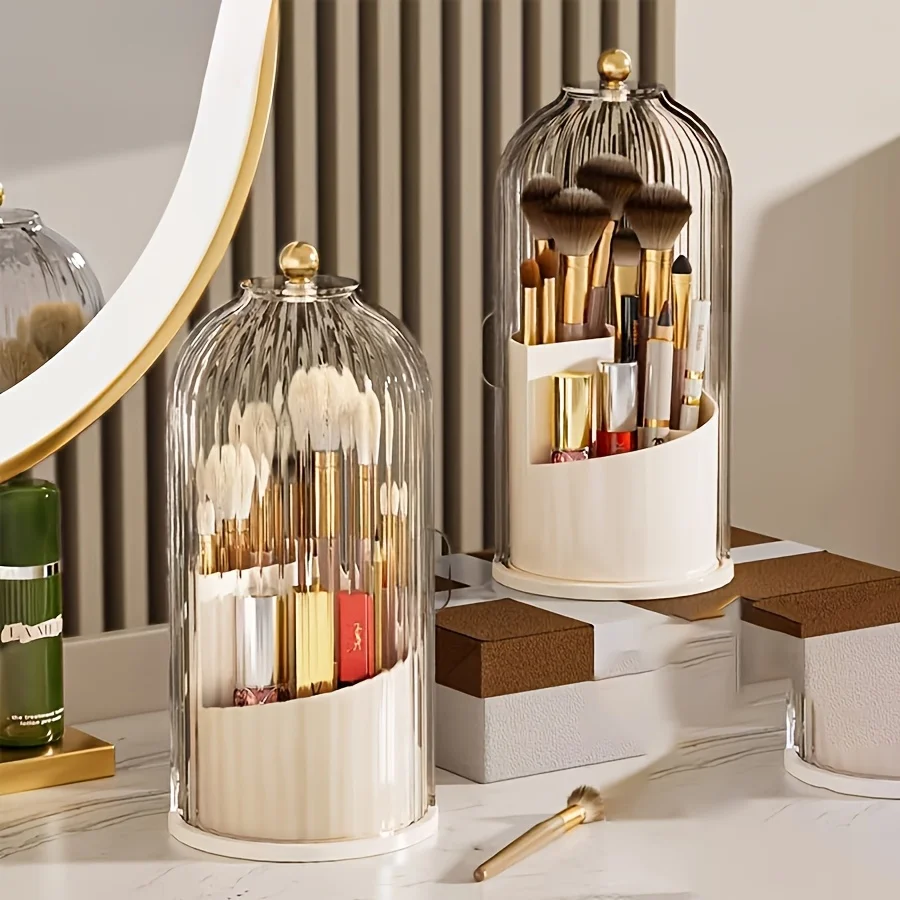 Ensemble de 5 pièces, support de rangement rotatif à 360 degrés anti-poussière avec couvercle supérieur transparent à rayures verticales, boîte de rangement cosmétique multi-compartiments, comprend 1 petite boîte de rangement transparente à rayures verticales et 3 petites boîtes à bijoux, accessoires de salle de bain étanches, support de rangement pour pinceaux de maquillage, convient pour les pinceaux de maquillage, les rouges à lèvres, les produits de soin de la peau, les bijoux, permet de ranger des objets sur les comptoirs de salle de bain, les coiffeuses et les bureaux.