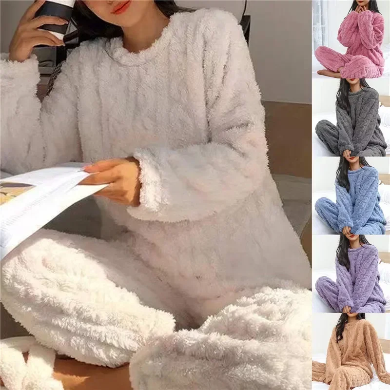 Women Pajamas Set Winter Sleepwear Solid Velvet 2 Piece Pant Home Suit Fluffy Casual Pajama Warm Round Neck Night Wear 2023