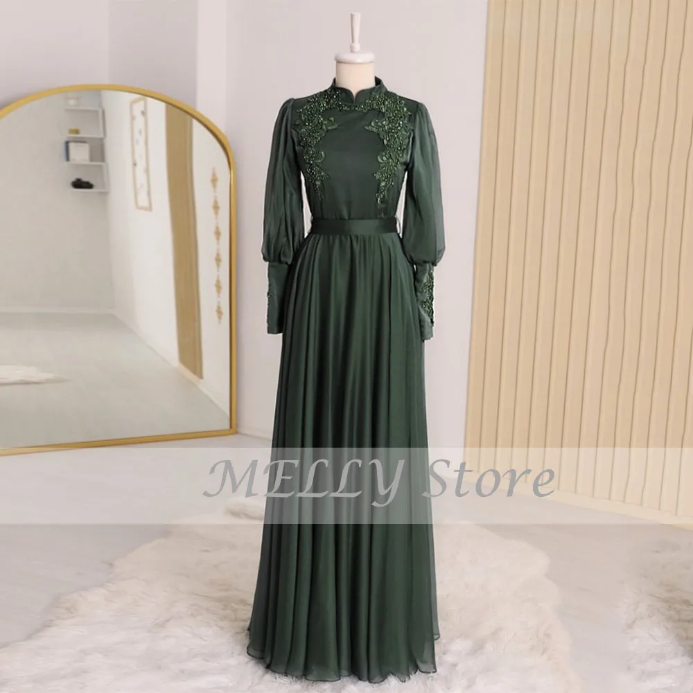 Blauw Avondjurken Voor Vrouwen Lace Applique Kralen Volledige Mouwen Prom Dresses Chiffon A-lijn Floor Lebngth فستان سهرة نسائي