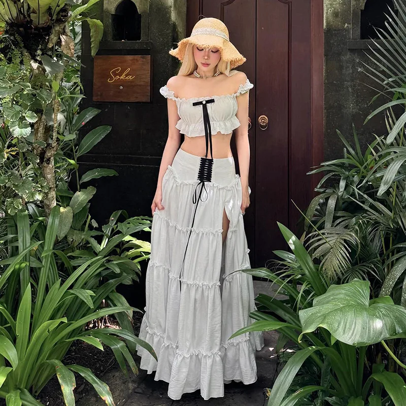 

2026 Spring Women's Solid Color Two Piece Set Slim Fit Camisole Top & High Waist Maxi Skirt Outfit