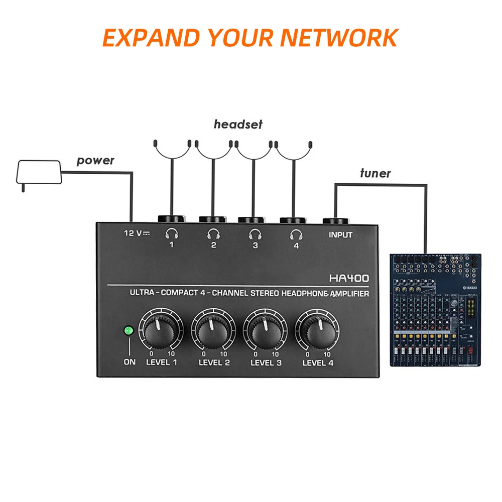 4 Channels Mini Headphone Amplifier HA400 Ultra-Compact Stereo Audio Amplifier With Power Adapter 10MHz Earphone Amp for Music