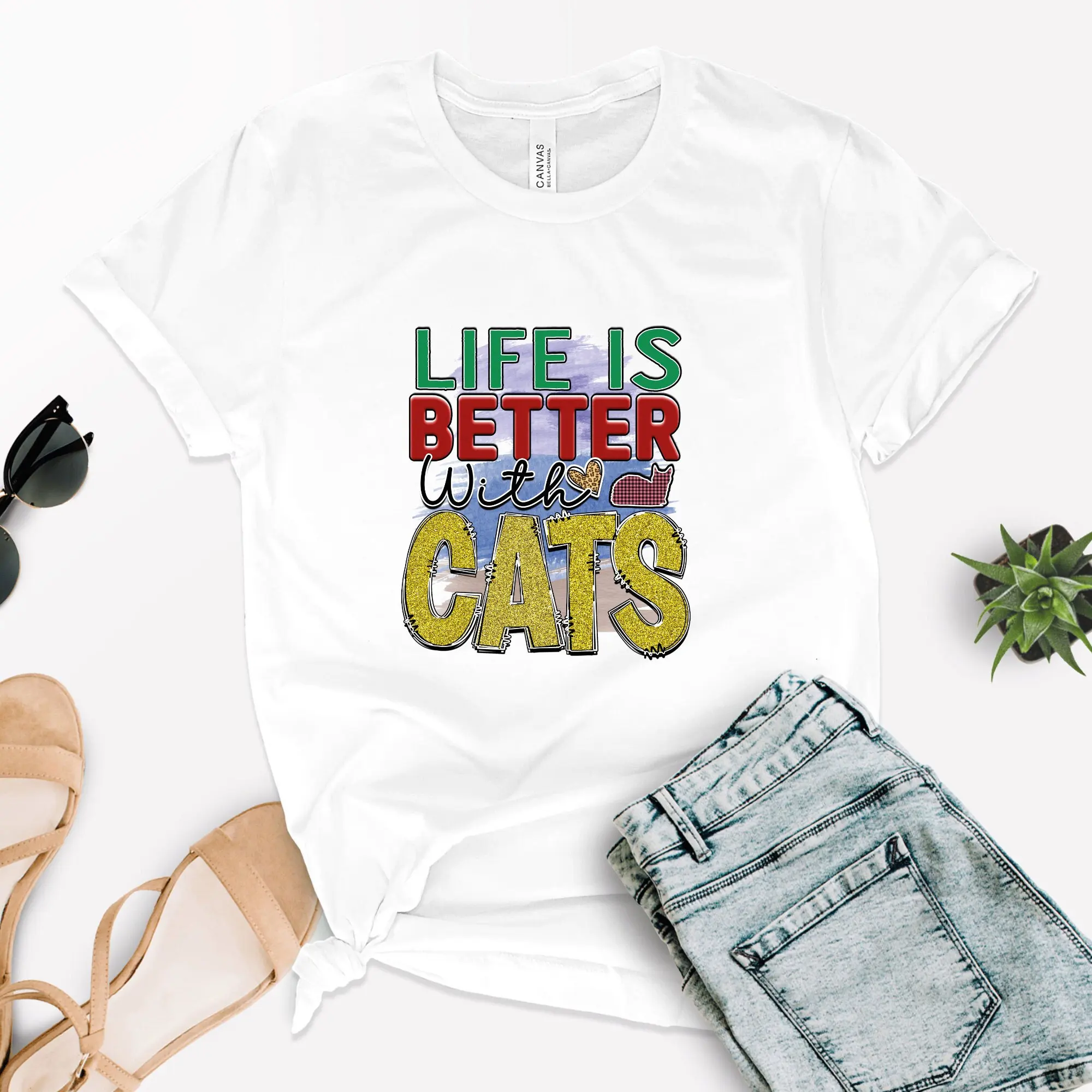 Life Is Better With Cats T Shirt Cat Lover Mama Dad Funny Mom Day Birthday