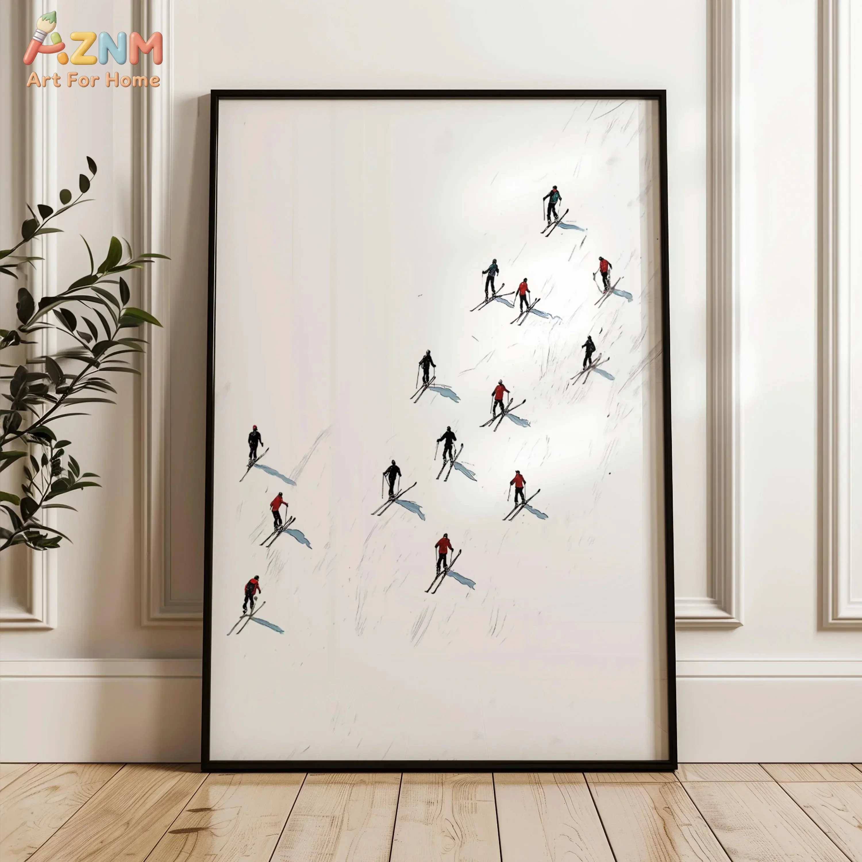 AZNM Minimalist Skiers Canvas Wall Art, Winter Mountain Skiing Snow Scene Watercolor Print, Sport Ski Poster for Cabin Living Ro