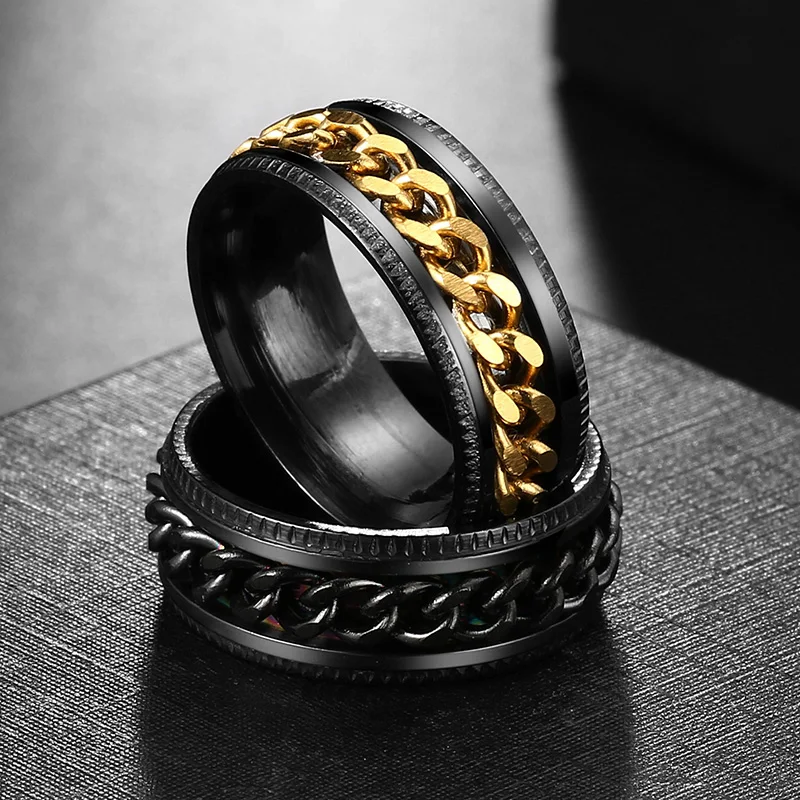 Spin Rotating Anxiety Fidget Titanium Rings For Men Colorful Stainless Steel Chain Finger Men Ring Punk Rock Hippie Accessory