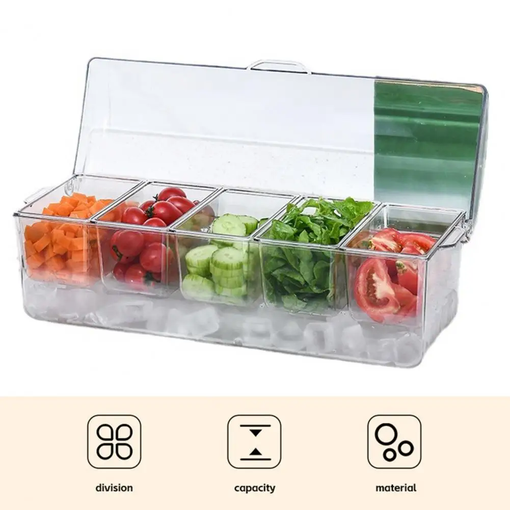 

Picnic Spice Case Transparent Detachable Fridge Ice Box with Lid 5 Compartment Salad Fruit Vegetable Storage for Picnic