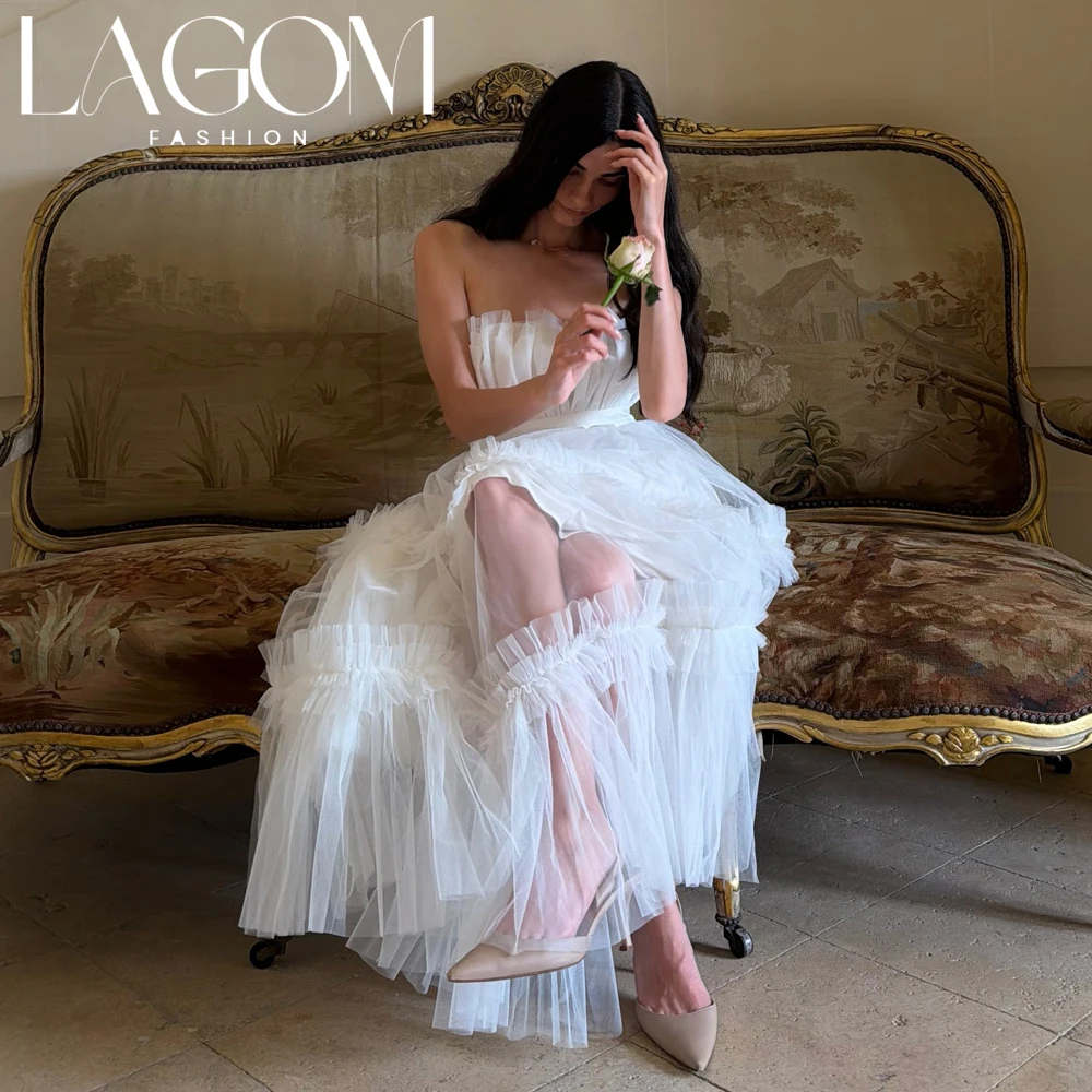 Lagom Elegant White Strapless A-line Tulle Wedding Dress Ruffled Tiered Sleeveless Ankle-Length New Vestido de novia Customized