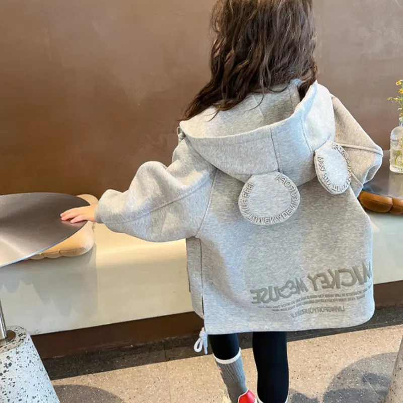 Baby and Girls Cotton Grey Embroidery Cartoon Show Drawstring Zip Sweatshirt Jackets Kids Hoodie Coat Child Outfit Tops 2-8Years