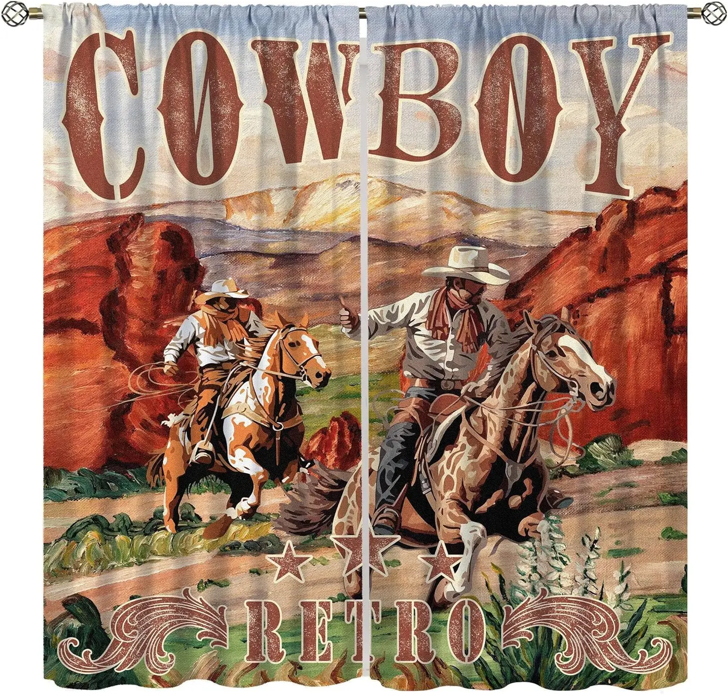 Cowboy Curtains, Retro Country Western Canyon Desert Wild Adventure Farmhouse Window Drapes for Boys and Teenage Bedroom