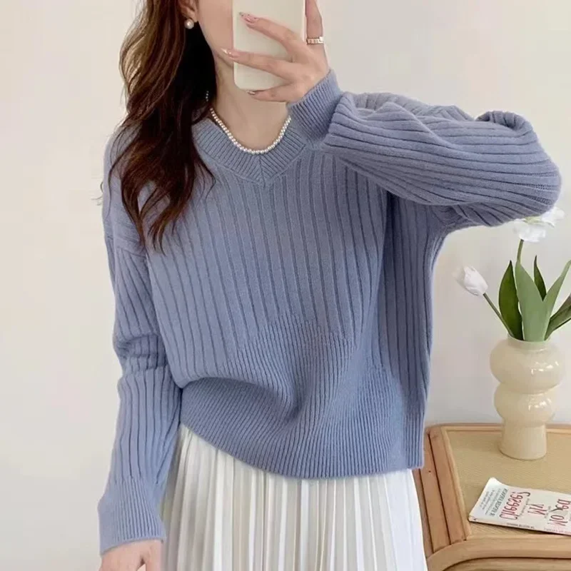 Knitted Pullovers Women Simple Cleanfit War Gentle Autumn Basic Aesthetic Clothes All-match Y2k Sweater Outwear Elegant V-neck