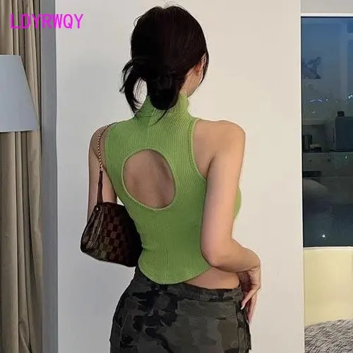 New slim temperament semi-high collar with hollow back and arc hem short vest female Tanks  Camis