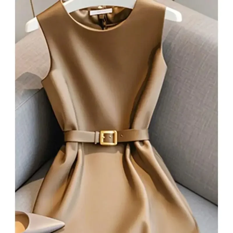 New French Luxury Summer Dress Women Elegant Sleeveless High Waist Satin Formal Dress Fashion Party Vestidos with Belt High End