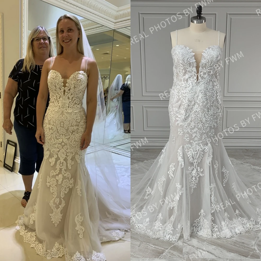 12886# Customzied Spaghetti Straps Sweep Train Mermaid Wedding Dress Bridal Gown For Plus Size Women With Beading Sequined Lace