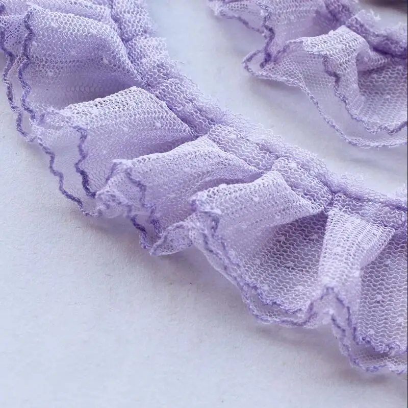 3/5yard 5CM Wide 2Layers Purple Pink Mesh Polka Dots Embroidery Ruffle Lace Trim Lolita Dress Collar Cuffs DIY Sewing Decor X658