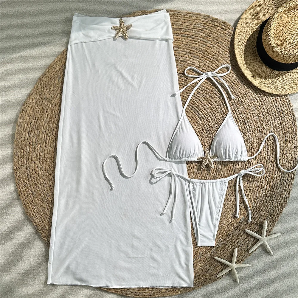 White Thong Micro Halter String Bikinis Sets 3 Pieces Metal Starfish Sexy Swimsuit Cover Ups Women Long Skirts Beach Swim Wear