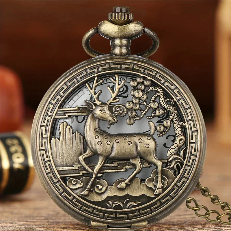Vintage Hollow Out Elk Flower Case Half Hunter Quartz Pocket Watch for Men Women Necklace Pendant Chain Arabic Number Clock