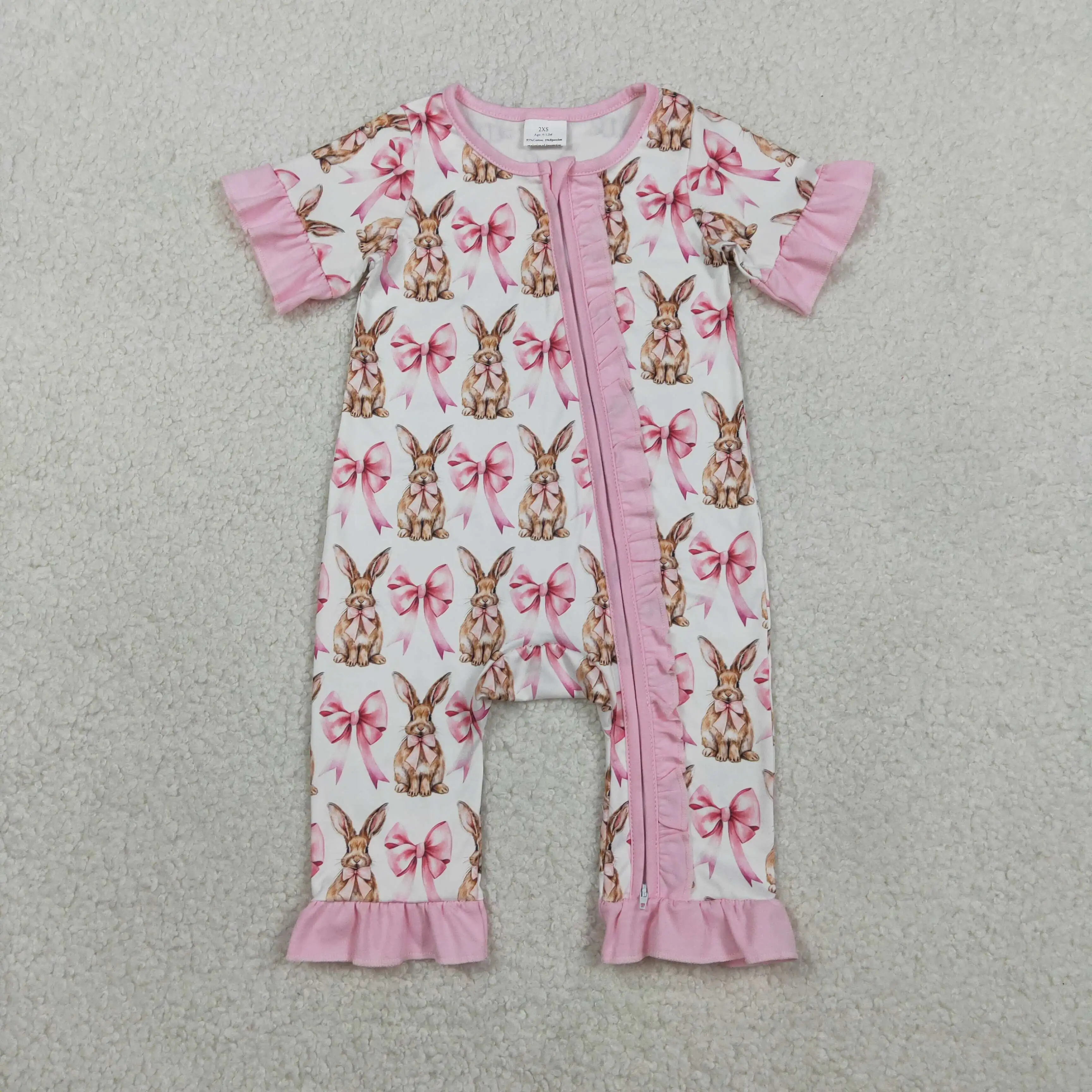

SR2020 Easter baby girl bunny bow pattern pink lace white zip-up short-sleeved Romper