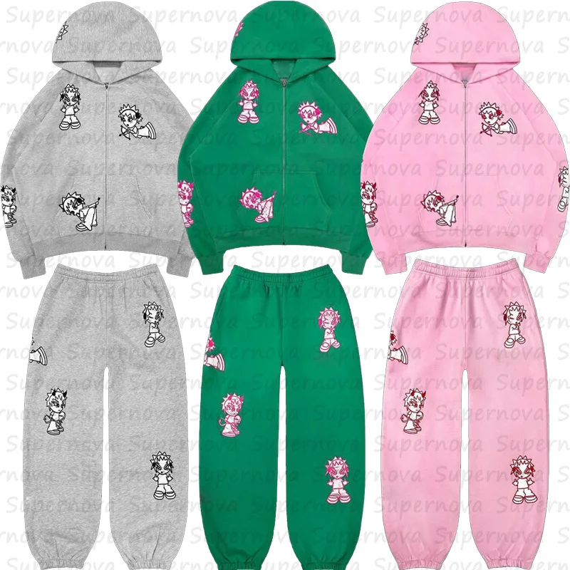 Aesthetics Two-piece Set Casual And Fashionable Street Trend Colorful Hooded Sports Shirt Zippered Sports Set Y2K Street Y2K